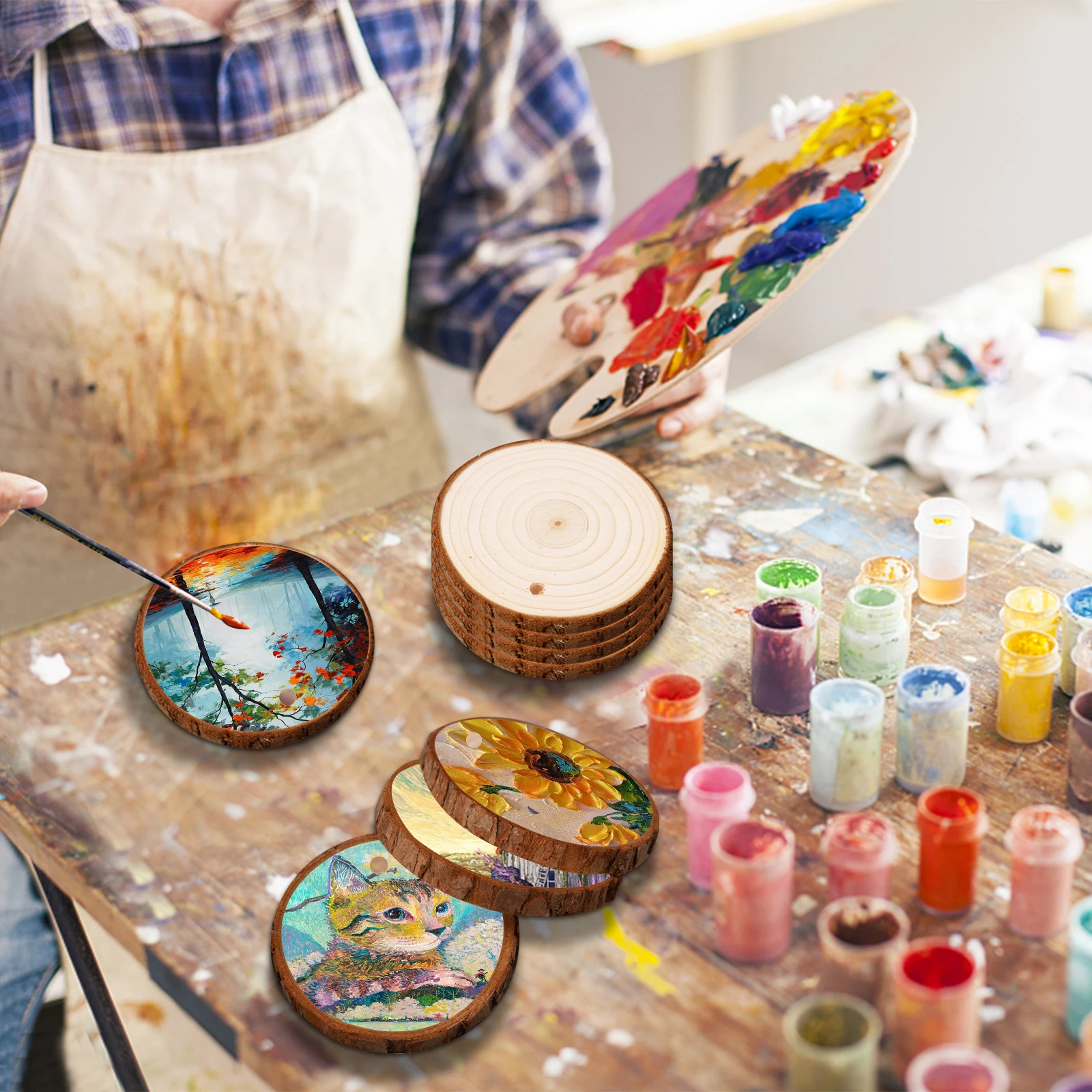 Unfinished Predrilled Natural Round Wood Slices Christmas Ornaments
