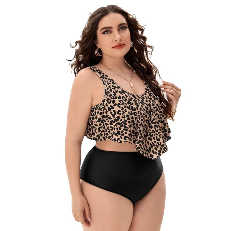 Eco Friendly Recycled Nylon Swimwear Plus Size Women Leopard Printed Ruffle Top High Waist Bottom Bathing Suit