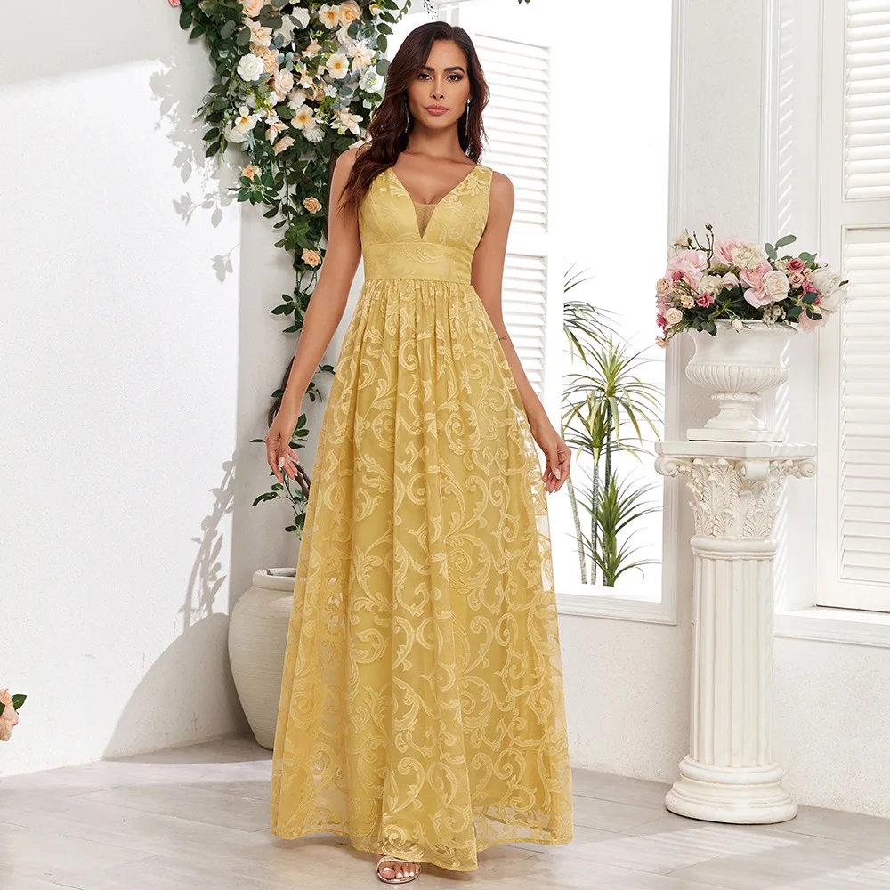 trendy elegant dresses 00138 Trendy Elegant Long Gown Evening Dress Sleeveless Lace Pattern V-neck  A-line Fully Lined Long Dresses Women Party Dress