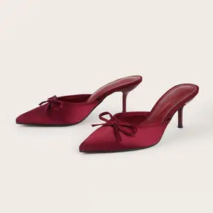 BUSY GIRL CXX190 Women's Shoes 2026 Summer New Arrival Pointed Toe Wine Red Satin Bow High Heel Shallow Mouth Women Sandals