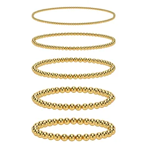 Stainless Steel 14K Gold Plated Bead Ball Bracelet for Women Stretchable Elastic Hypoallergenic Bohemian Stackable