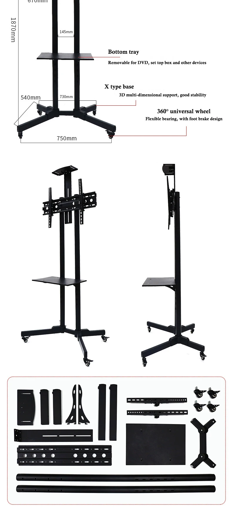 Height Adjustable Floating Shelves Wall 3265" Tv Monitor Trolley Floor