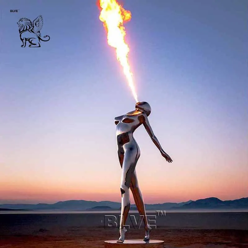 BLVE Large Art Abstract Outdoor Garden Decoration Metal Statues Stainless Steel Woman Kinetic Sculpture With Fire