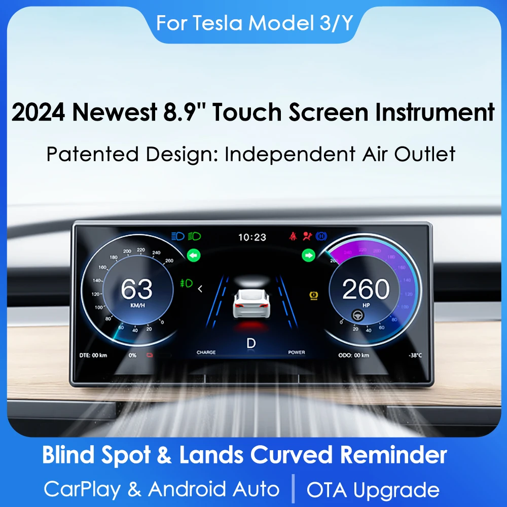 Vjoycar for Tesla Model 3 Y Highland CarPlay Dash Display 8.9 inch IPS Screen with Front View Camera Linux System for Tesla 2024