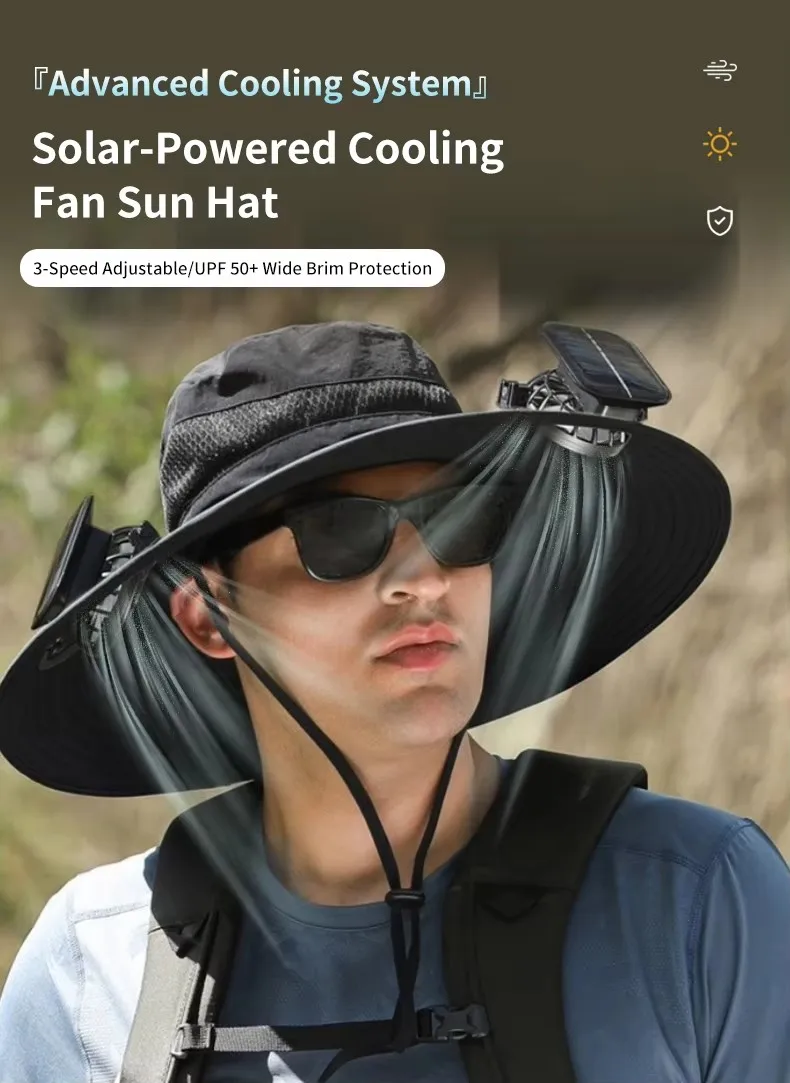 Best Sell Summer Rechargeable Solar Fan Hat Adjustable Wide Brim Fishing Cap with Dual Cooling Fans & UV Protection for Travel