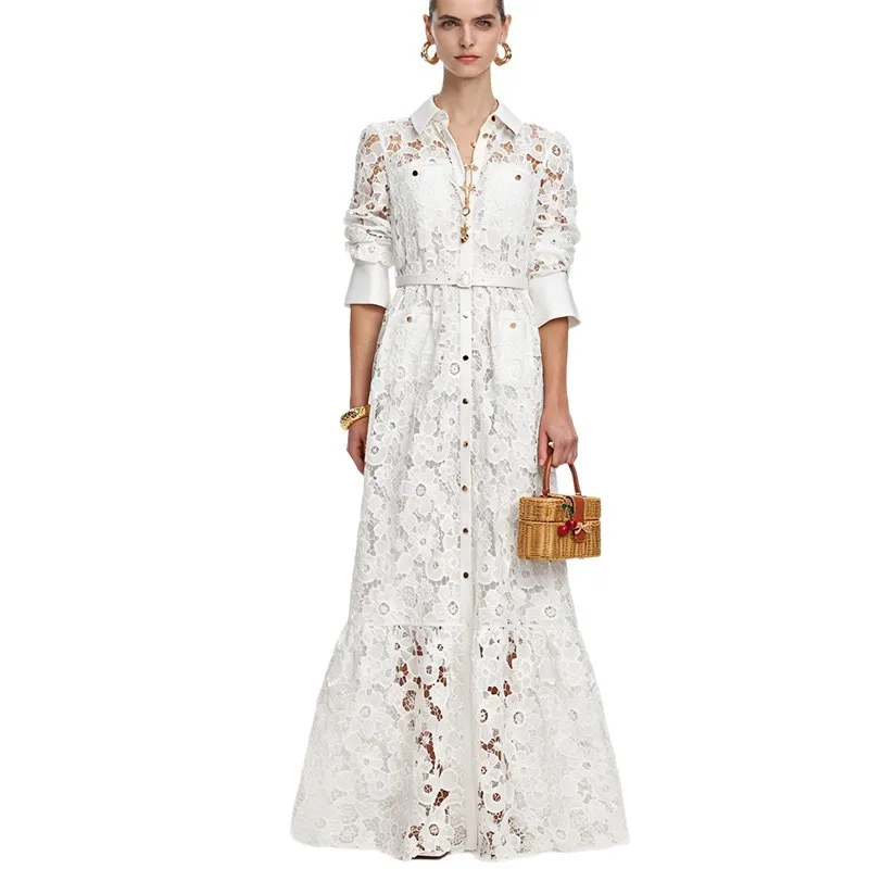 Cross-border Women's Fashion Casual Loose Lace V-neck Dress Waisted Hollow  Sexy European and American Dress| Alibaba.com