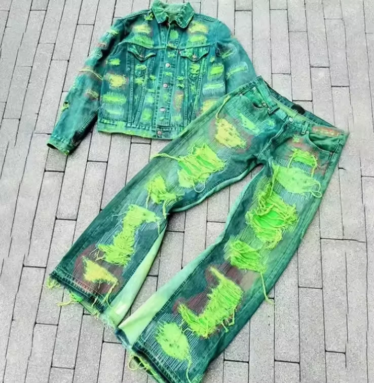 Salati Custom Clothing Manufacturers Tracksuits Acid Wash Vintage Ripped 2 Piece Set Men Jeans and Jacket Men's Denim Set gallery 7