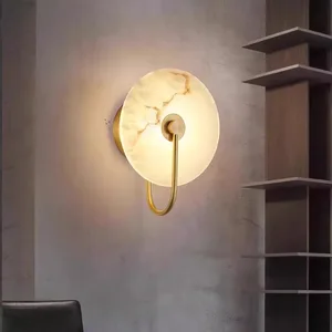 JACKSUN Natural Spanish Marble Shade Lampshade LED Wall Sconce Dia 15cm Round Stone Wall Lamp for Home Hotel Corridor