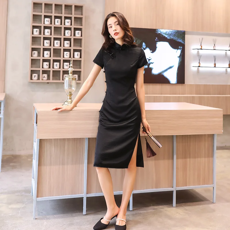 Black Qipao Realsilk Retro Cheongsam Customized Chinese Traditional Female  Skirt Tight Fitting Summer China Dress