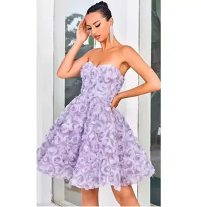 Purple Fairy-Style Women's Short Evening Gown Sensual Sweet Off-the-Shoulder Dress 3D Roses Beading Zipper Customizable Size