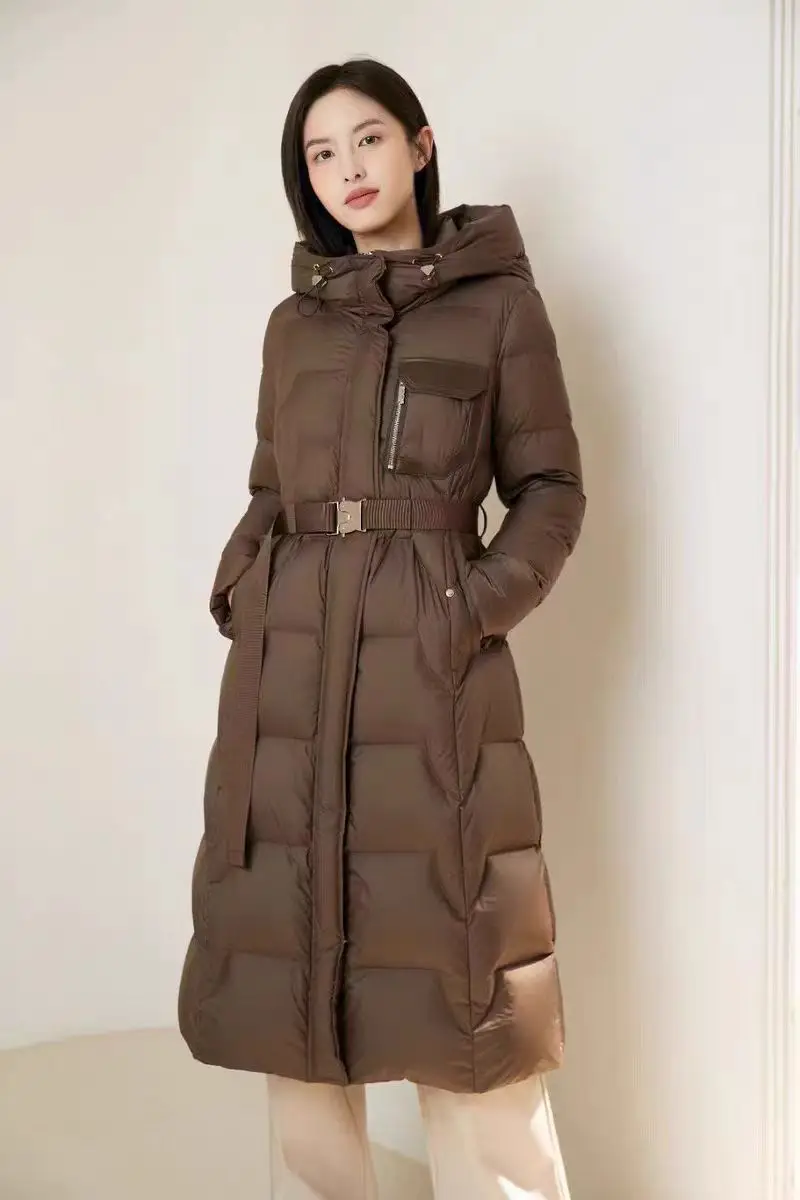 High Quality Women's Winter Parka Long Puffer Down Jacket with Hooded Collar Belt Thick Warmth Quilted Windbreaker Outdoor Coat