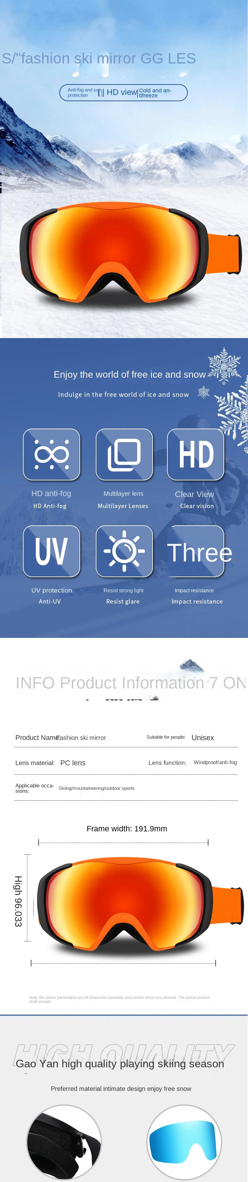 Double-Layer Anti-Fog Rimless Ski Goggles with Large Spherical Lens for Outdoor Use