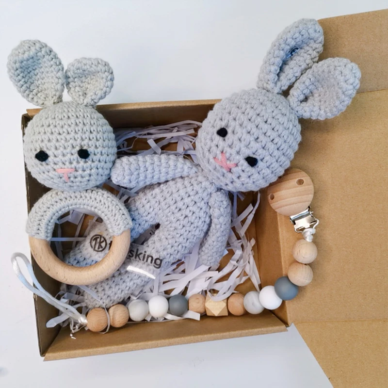 Деревянная детская забавная погремушка вязаный крючком кольцо с зайчиком детские игрушки-погремушки, серый кролик