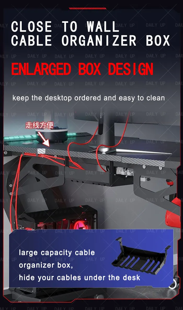 RGB PC Gaming Table With Carbon Fiber Texture Cable Box Steel Frame Professional Gamer Computer Desk For E-Sports Entertainment