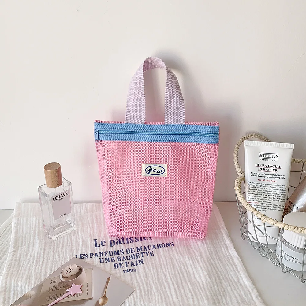 Women's Color Customized Summer Mesh Small Portable Foldable Polyester Bag Toiletry Tote Beach Bag