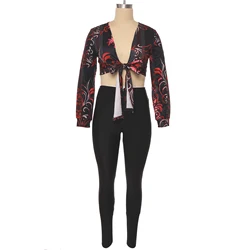 Модный укороченный топ с принтом из двух частей женские сексуальные леггинсы для