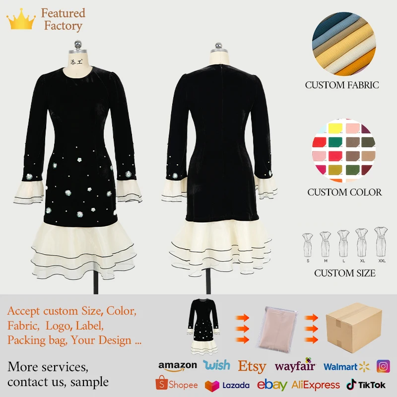 ZYHT 21574 Autumn Winter Spring Beaded Elegant Birthday Party Black Velvet Dress Ladies Long Sleeve Short Dress for Women