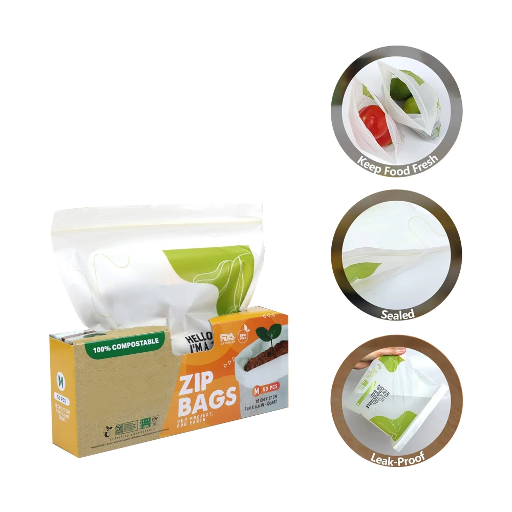 Home compostable resealable 100% biodegradable sustainable cornstarch based non plastic transparent custom zip lock freezer bag