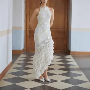 Advanced Chinese Dress Halter Neck Backless Bodycon Dress for Women Embroidery Jacquard Cascading Ruffle Elastic Midi vestidos