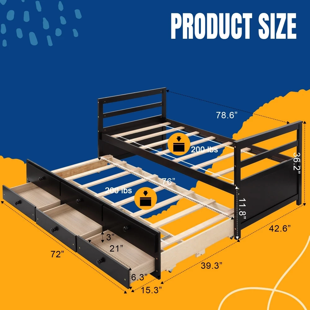 Brown Single Twin Storage Solid Wood Bedroom Furniture Black Queen Bed