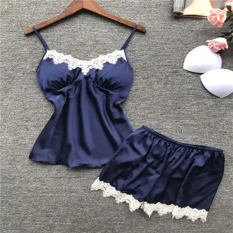 Femmes Sexy dentelle Lingerie vêtements de nuit en satin de soie pamas sous-vêtements nuisette vêtements de nuit courts 2 pièces ensemble_voghion.com
