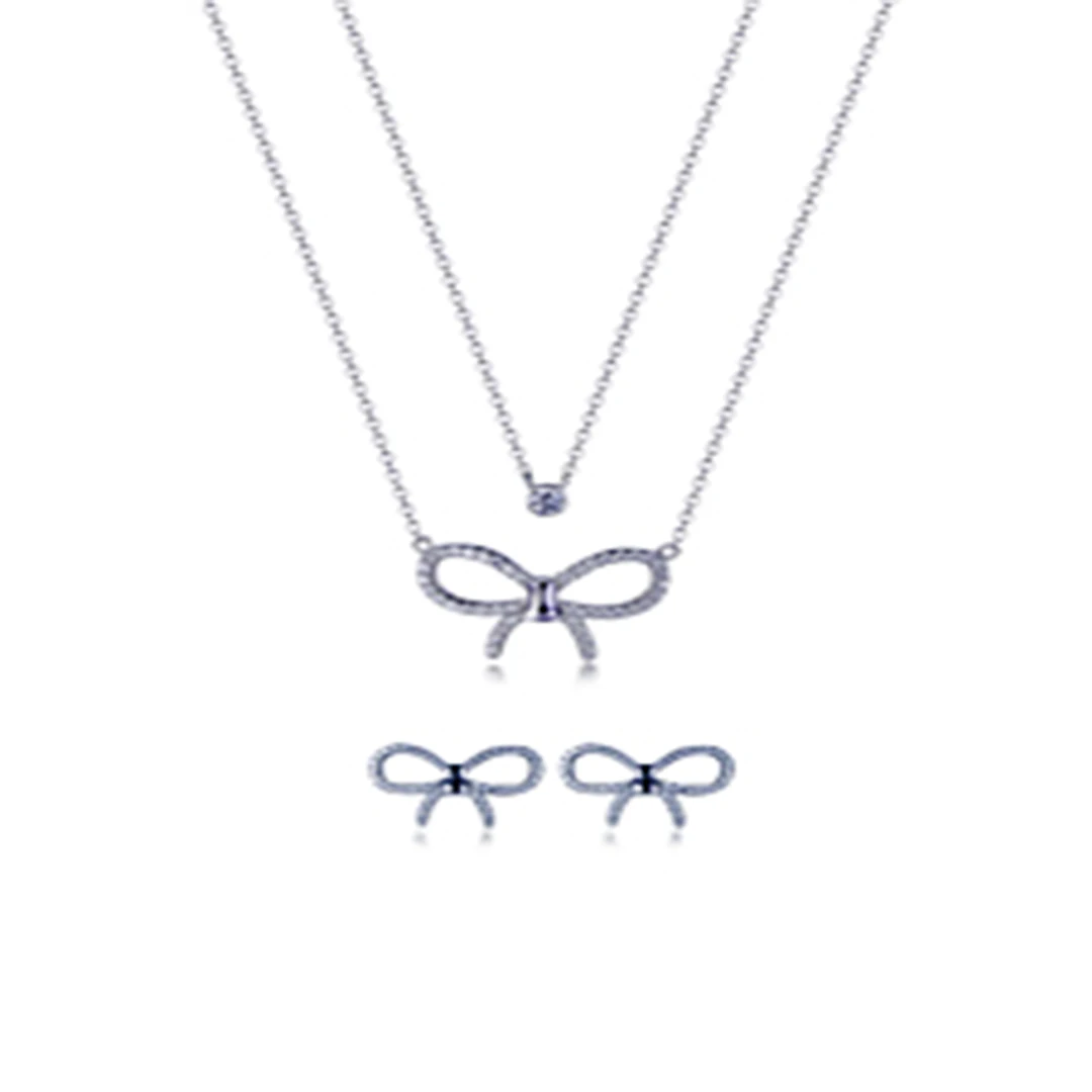 Fashion 925 sterling silver bow-knot necklace and earrings jewelry set for women