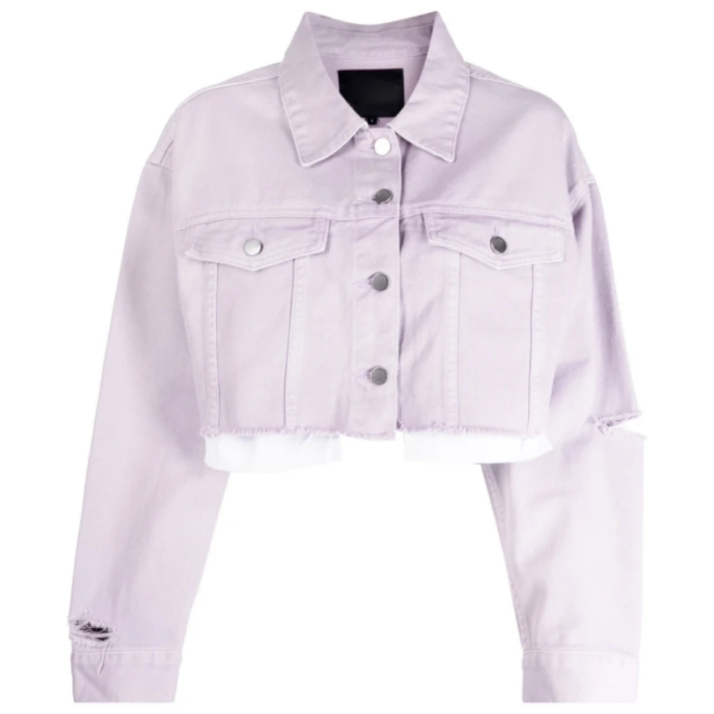 Nouă jachetă denim scurtă cu rupturi, design modern, îmbrăcăminte exterioară spălată, elegantă, casual, ajustată, jachetă denim roz și violet pentru femei