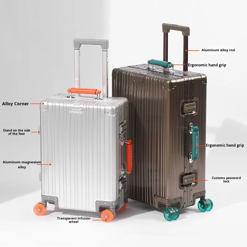 Full Aluminum Suitcase Luggage 20-28 Inch Business Password Trolley Case Spinner Large Capacity Leisure Travel Leather Handle