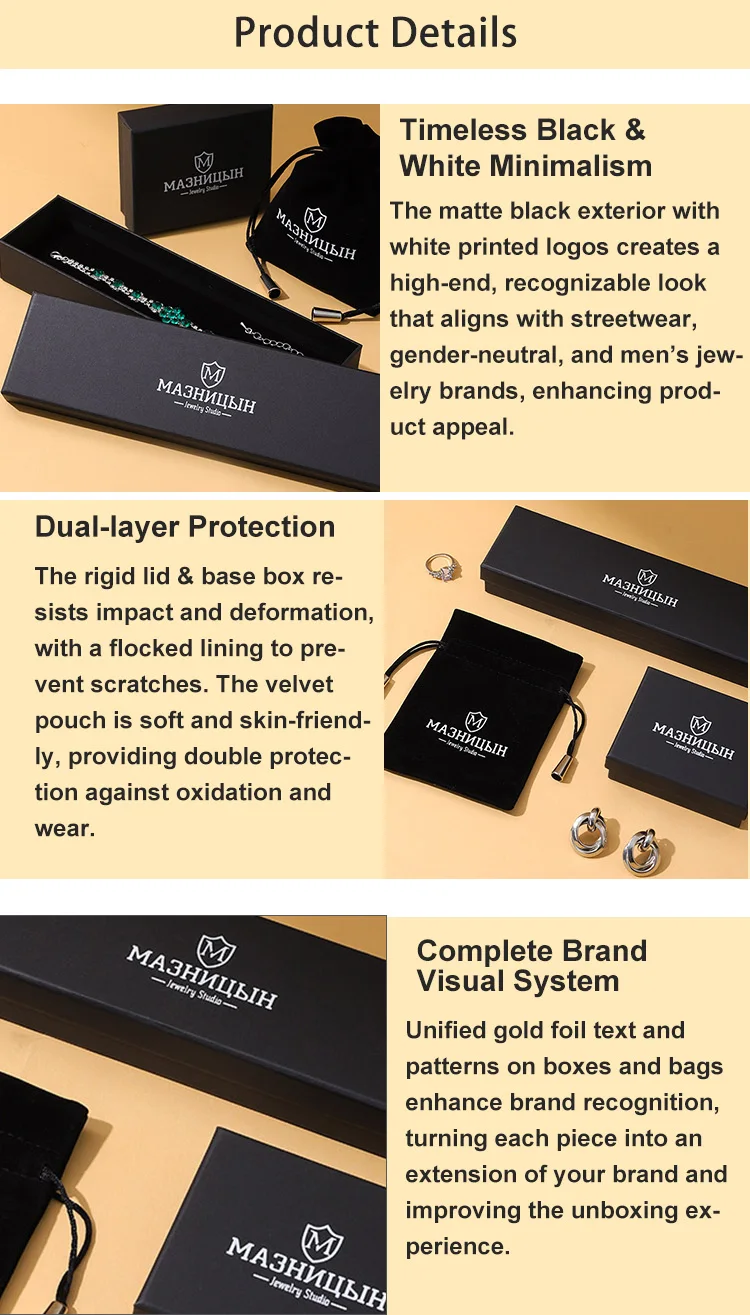 Wholesale Premium A1 Brand Black Lid Base Jewelry Box Set Velvet Double Stitching Drawstring Bag Custom Logo Packaging Ring factory