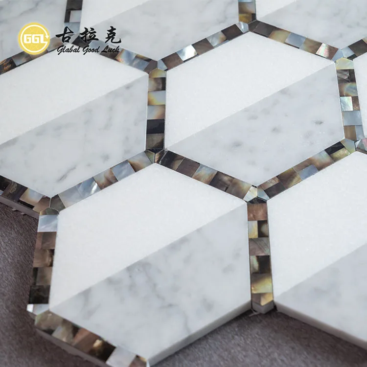 Hexagon Shape Thassos White Marble Mix Shell Waterjet Mosaic Tiles supplier