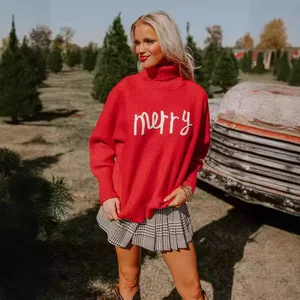 Women's Casual Red Pullover Top Merry Christmas Hoodie Turtleneck Loose Long Sleeved Knitted Sweater for Winter