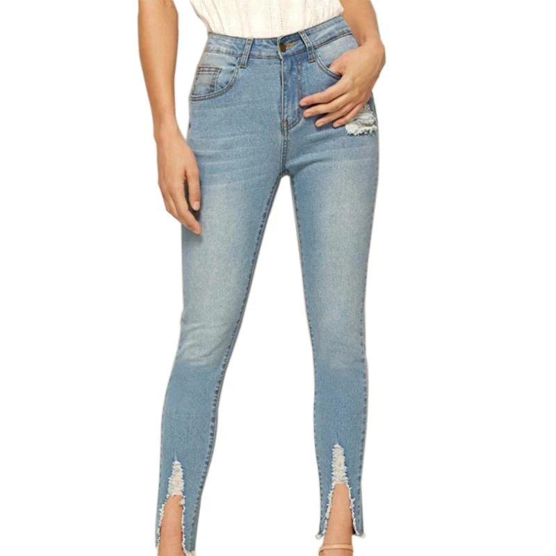 Women Ripped Jeans Skinny Denim Pencil Pants High Waist Stretch Casual Trousers 