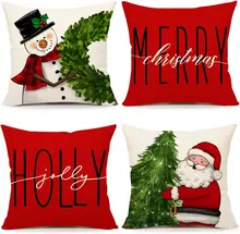 Christmas Decoration Supplies Set of 4 Farmhouse Snowman Wreath Santa Claus Tree Red Christmas Pillow Covers