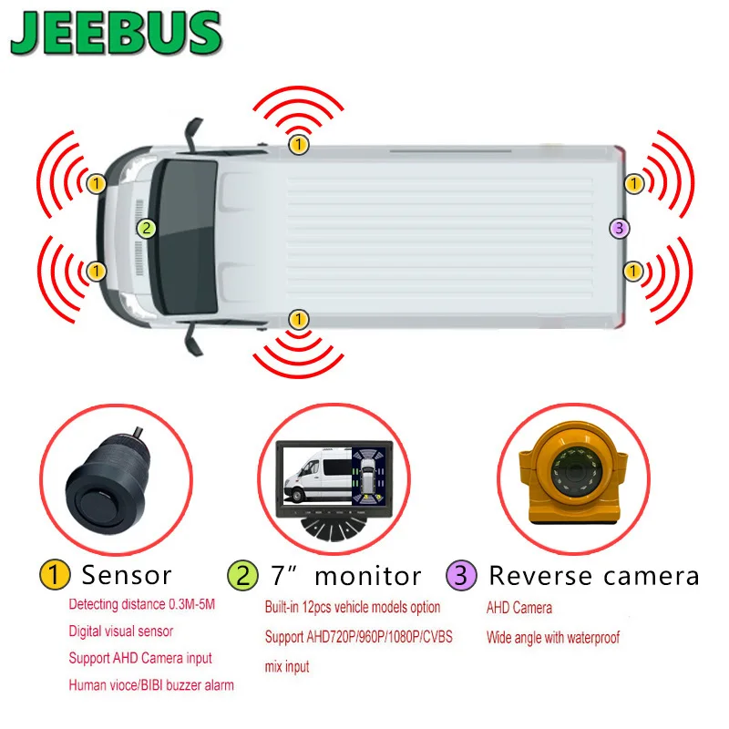 Reverse Backup Camera 7inch Monitor Vehicle Electronic Van Parking Sensor Detector System with 6 Sensors