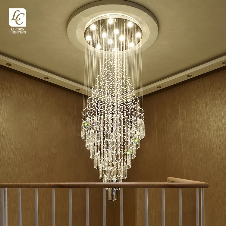 P0027 Modern Spiral Crystal Chandelier – Long Luxury LED Pendant Light for High Ceiling Staircase