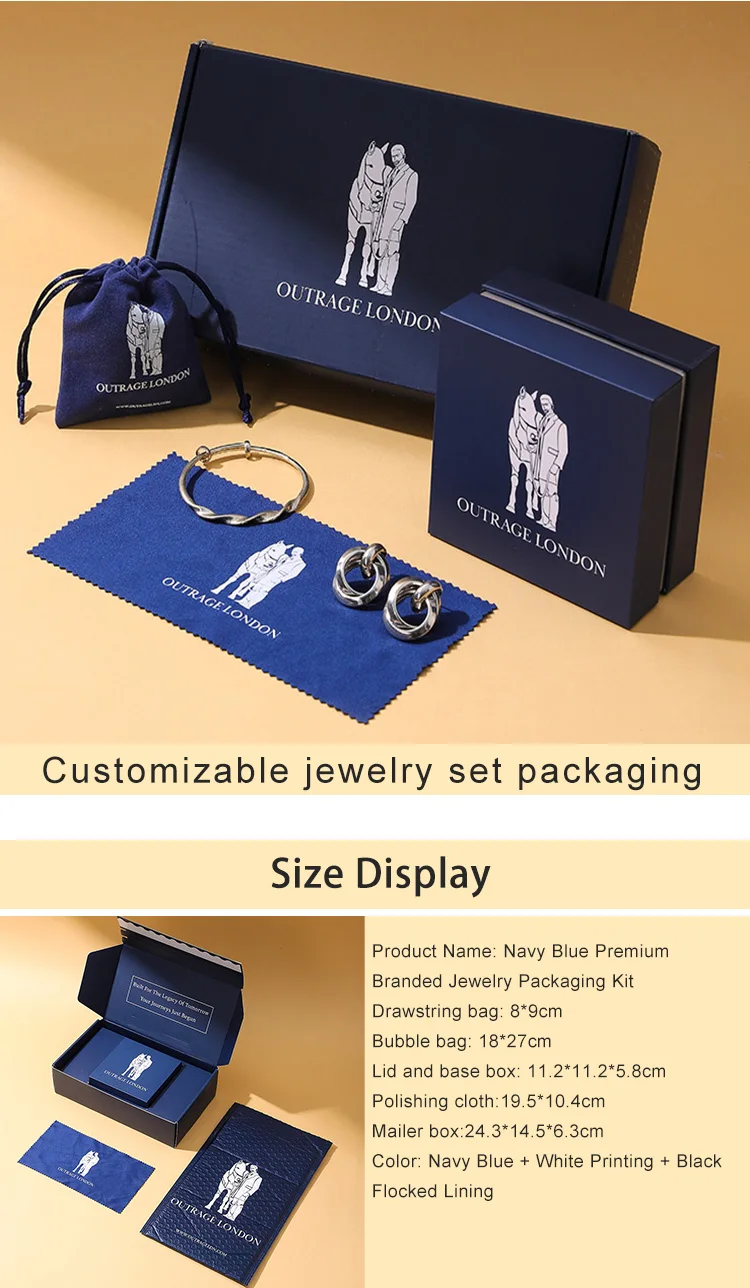 Wholesale Luxurious Blue Lid Base Jewelry Box Set Embossed Printing Drawstring Bag Protective Bubble Bag Polishing Cloth Custom manufacture