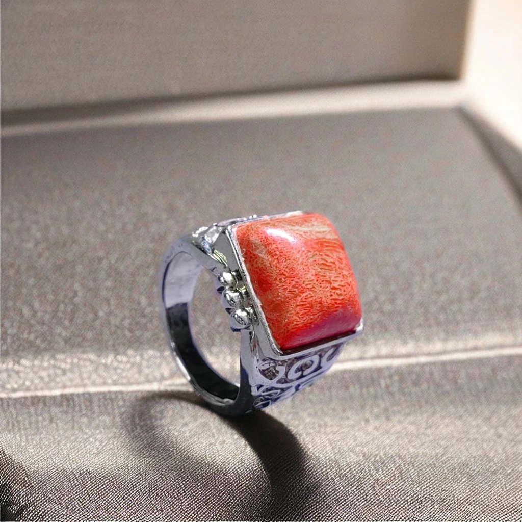 Trend Customizable Vintage Turkish Signet Ring High Quality 925 Silver with Red Coral Gemstone for Weddings