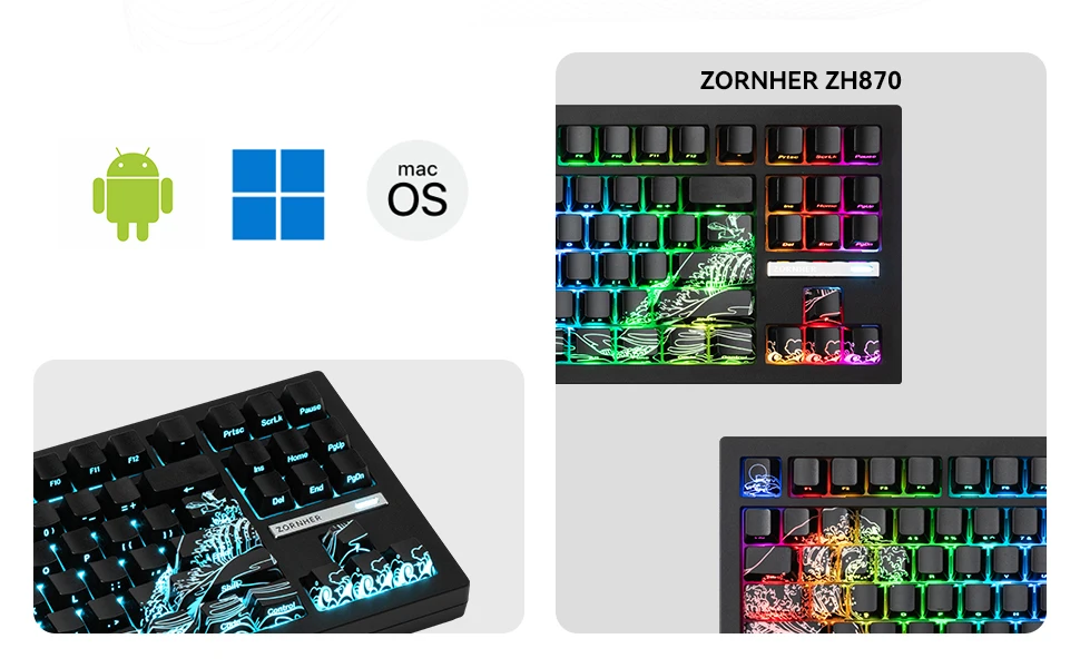 Zornher ZH870 88Keys-Black Ukiyo-e Wireless Tri-mode Keyboard RGB