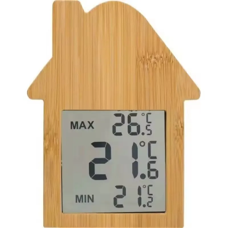 Hot Sale Product Bamboo Made House Shape Transfer LCD Display Indoor Digital Thermometer Suck on Window Clock