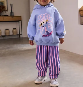 Custom Logo Girls Clothing Sets Solid Pattern Cotton Sweat Suits Kids Hoodie and Striped Lantern Pants Girl's Clothing Set 10-12