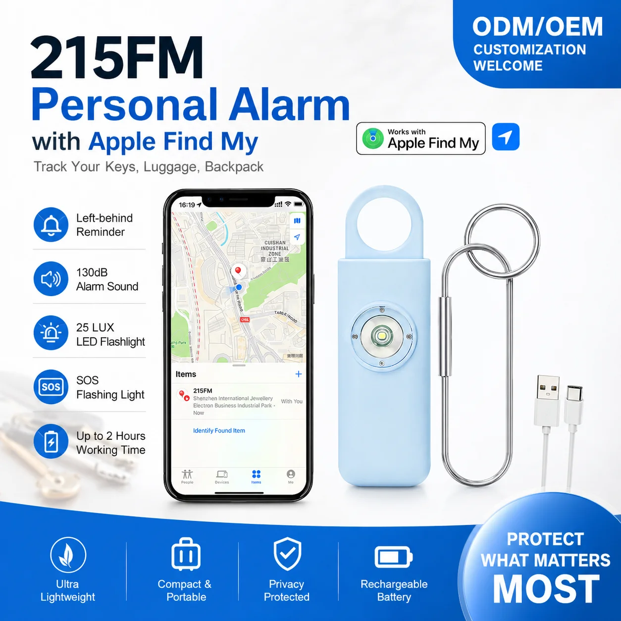 inteligentny lokalizator osobistego alarmu bezpieczeństwa o mocy 130 dB, urządzenie przeciwzagubieniowe ładowalne, producent OEM/ODM