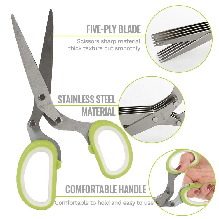 Kitchen Gadget Multifunction Vegetable Scissor Kitchen Herb Shear Cutter Stainless Steel 5 Blade Herb Scissor With Cleaning Comb