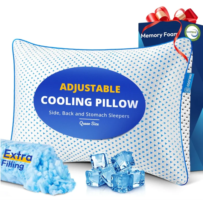 Adjustable Cooling Shredded Memory Foam Pillows, Queen Size Set of 2 Bamboo Breathable Rayon Cover  for All Sleep Positions