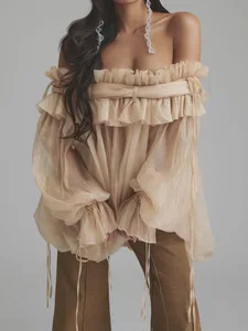 Women's Chic Vintage New Retro Court Style Off Shoulder Ruffled Mesh Top Loose Lantern Sleeve Tie-up Designer Women's Blouse