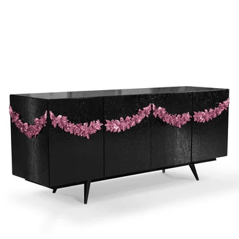 Modern Black Lacquered Sideboard Handcrafted with Floral Wood Garland and Silver Leaf for Home Bar Living Room or Dining Area