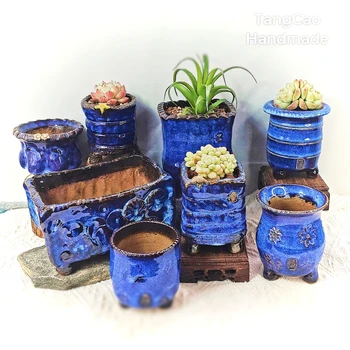Wholesale TangCao Handmade glazed Round Mouth Square Mouth Unique personality  Blue Multi Succulent Plant Ceramic Flowerpot
