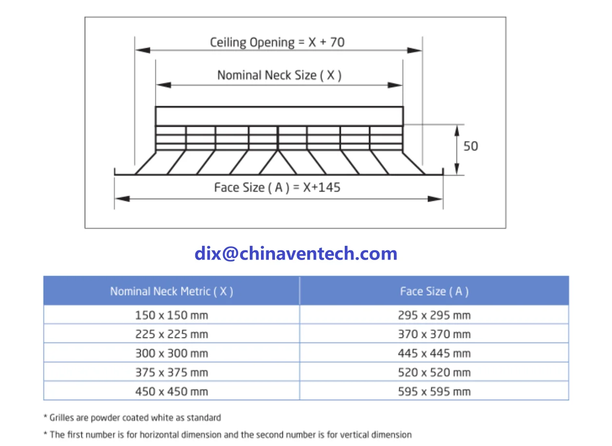 Hvac ceiling grilles square neck size 4 way supply air diffuser with damper