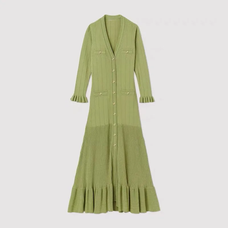 Sandro Women's Spring New Elegant Slim Ruffled Midi Knit Dress French  Fashion Button Decoration Boutique Clothing for Ladies