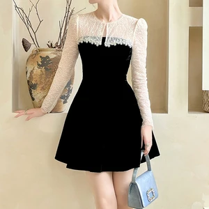 ZYHT 15563 Black Velvet Mini Dress with Ivory Lace Long Puff Sleeves Dressing Table Keyhole Neck Girls Dresses