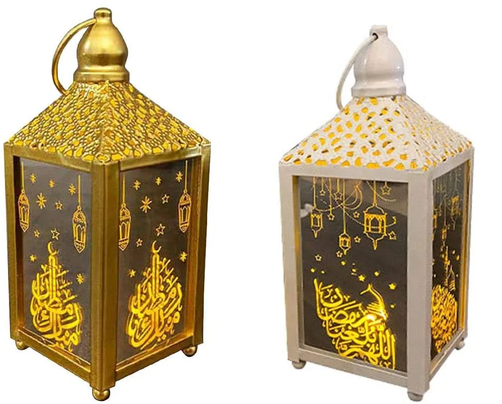 Set 2 Lanterne Decorative Ramadan In ABS E Vetro – 7x7x13,5 Cm, A Batteria, Per Tavolo O Sospensione, Bianco/oro